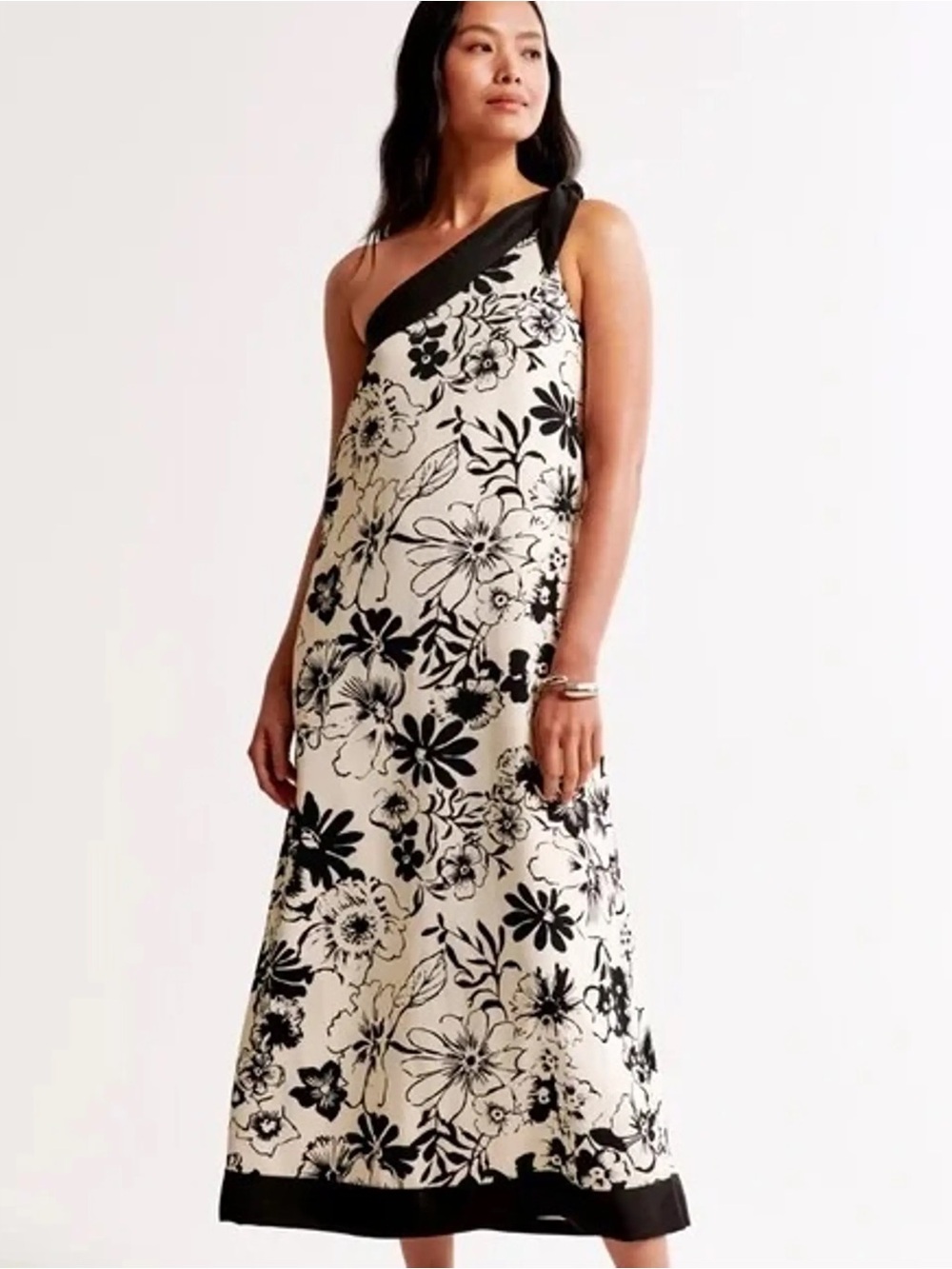 Abercrombie & Fitch Black and Cream One-Shoulder Floral Maxi Dress